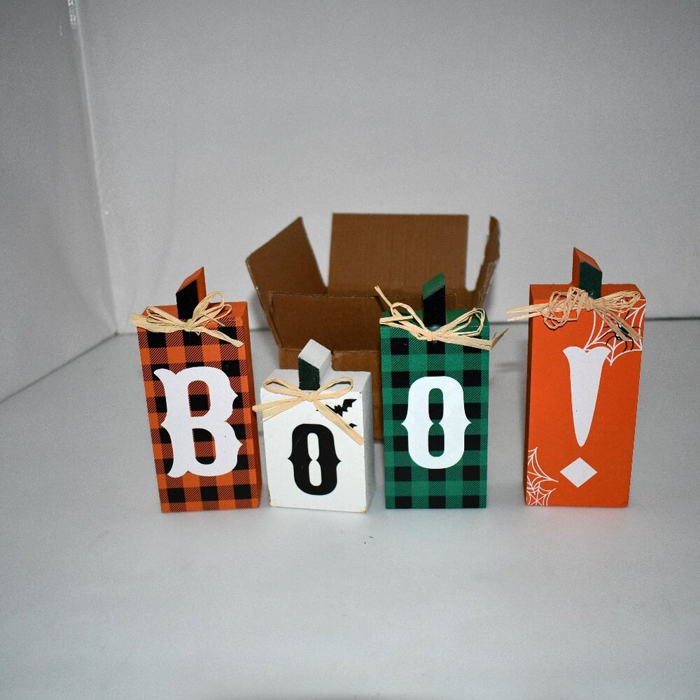 Super Holiday Halloween Decorations, 4PCS Wooden Boo Sign Block Tabletop Decorat